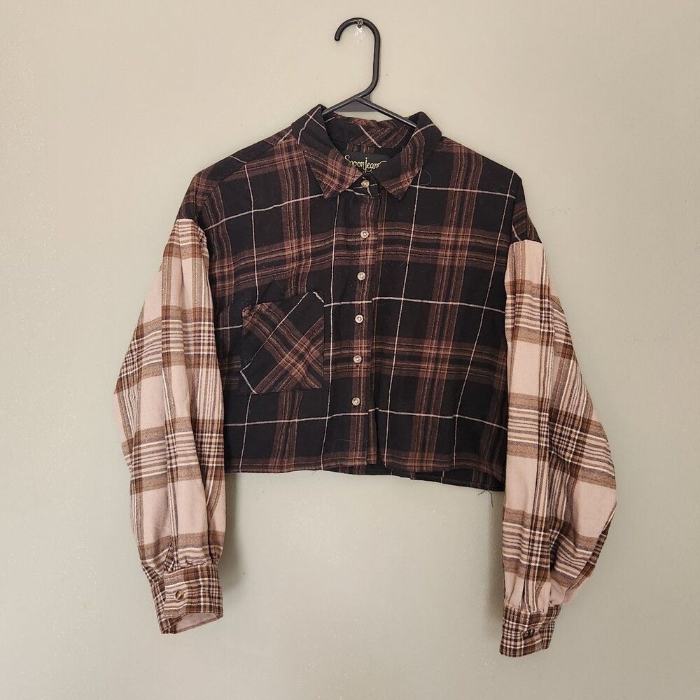 Spoon Jeans Crop Brown and Cream Check Flannel Button Down, Medium